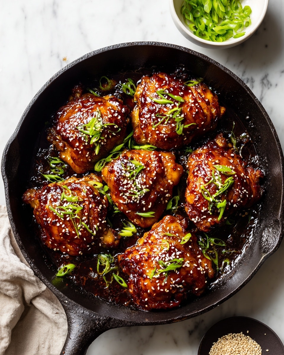 A black cast iron pan holds six pieces of cooked chicken thighs with a shiny dark brown glaze sauce. The chicken skin looks crispy with a rich caramel color, sprinkled evenly with white sesame seeds and small pieces of bright green chopped spring onions. The pan is set on a white marbled surface. In the top right corner, there is a small white bowl with more chopped green onions and a black dish with light-colored sesame seeds. Photo taken with an iphone --ar 4:5 --v 7