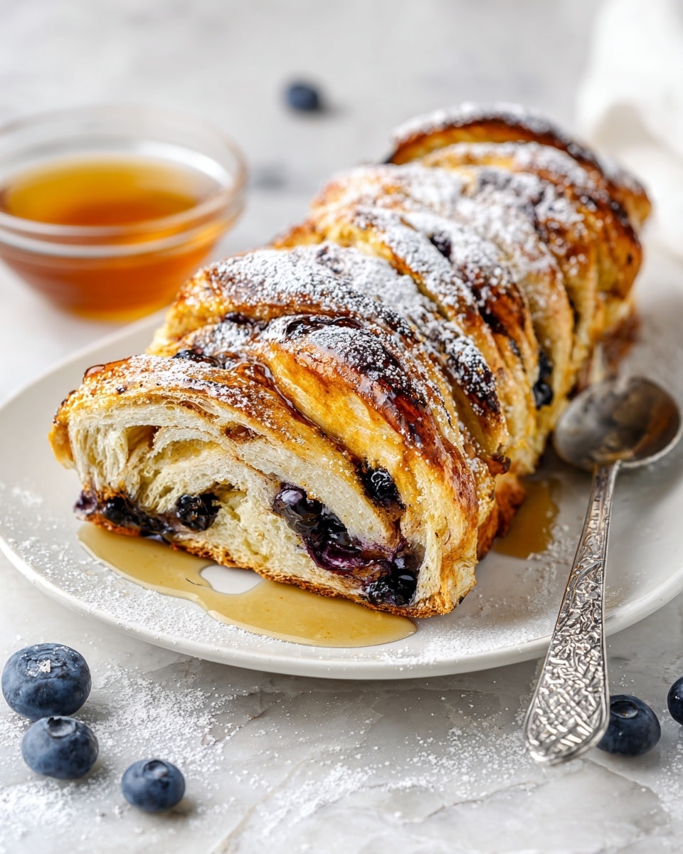 The image shows a sliced blueberry-filled dessert with five visible layers, placed on a white plate. The top of the layers has a golden brown crust sprinkled with powdered sugar, and inside is a deep purple blueberry filling visible in each slice. To the left of the dessert slice, there is a small clear bowl filled with honey or syrup, colored a rich amber. Around the dessert and bowl, there are several fresh blueberries scattered on the white plate and white marbled surface. Behind this plate, more slices of the same dessert are arranged inside a white baking dish. A silver fork with detailed designs lies on the right side of the plate. The whole scene is bright and clean with a white marbled background. photo taken with an iphone --ar 4:5 --v 7
