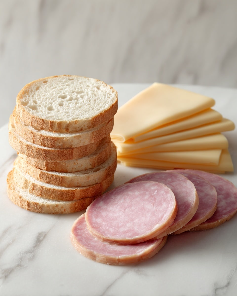 The image shows two stacks of small, round white bread slices with a light beige crust, placed on a white marbled surface. Next to the bread stacks, there are several round slices of light yellow cheese arranged in a slightly overlapping row. To the right of the cheese, there are five round slices of pink ham also placed in a slightly overlapping row. The background is a smooth white marbled texture, giving a clean look to the arrangement. photo taken with an iphone --ar 4:5 --v 7