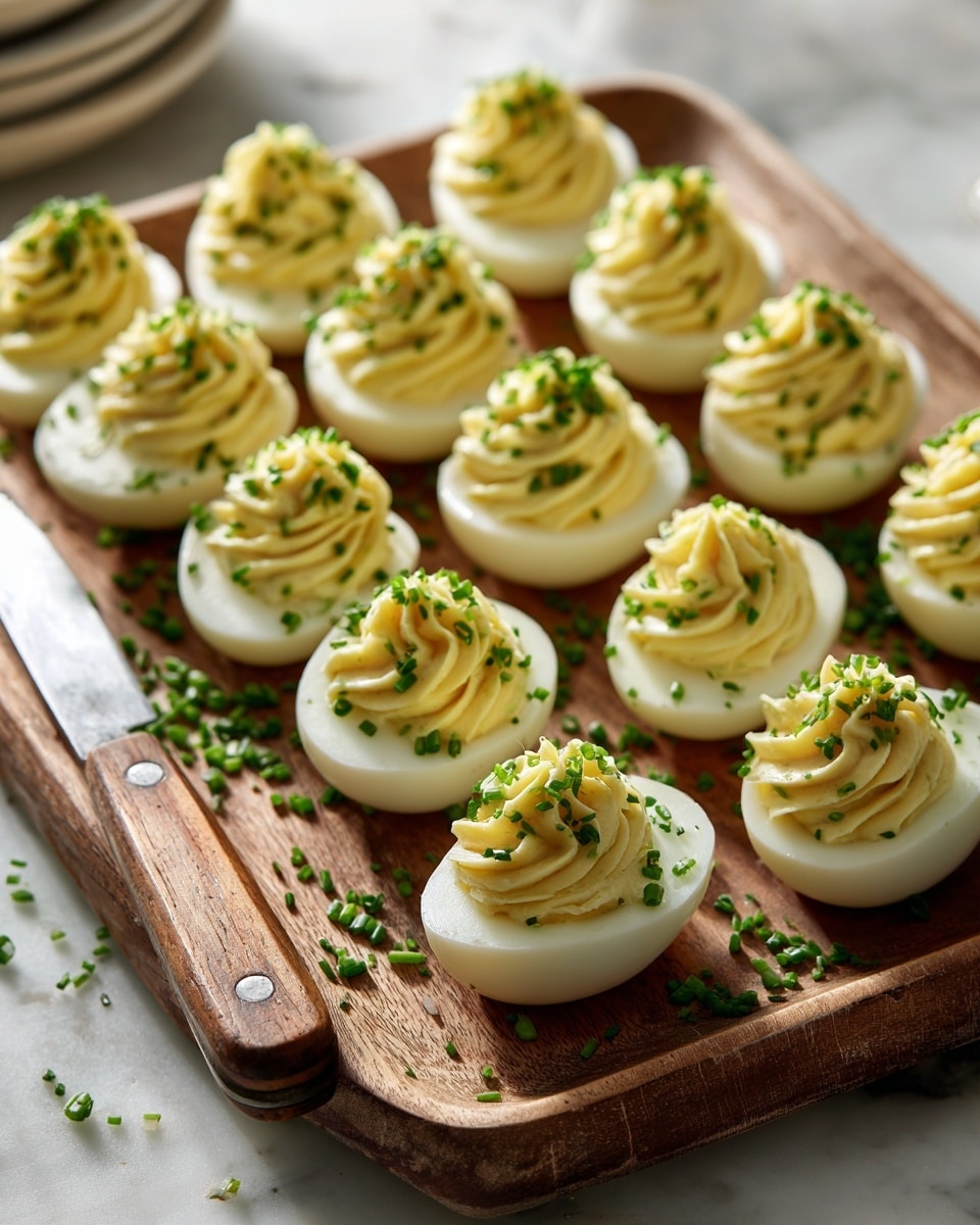 A wooden tray holds two rows of deviled eggs, each egg white half filled with a smooth, pale yellow filling piped in a swirl on top. Bright green chopped chives are sprinkled generously over the eggs and tray, adding a fresh pop of color. The tray is placed on a white marbled surface, and there is a knife with a wooden handle beside it. Warm natural light highlights the creamy texture of the filling and the fresh green garnish, creating soft shadows. Photo taken with an iphone --ar 4:5 --v 7