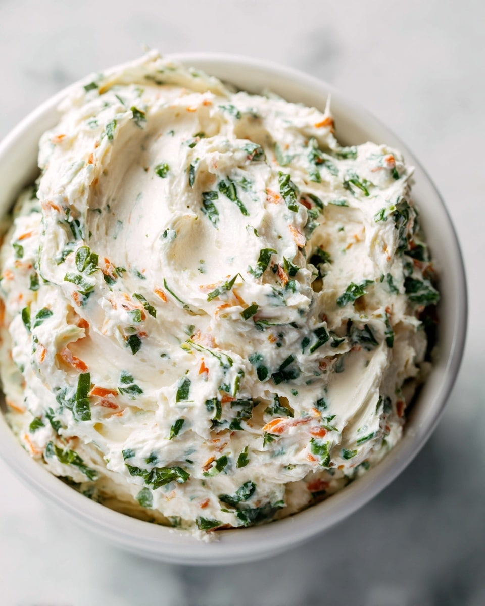 A close-up view of a creamy, thick mixture showing a textured surface with small chunks and bits of vegetables. The color is pale yellow with hints of orange, green, and darker green scattered throughout. The texture looks soft and slightly lumpy, with swirls and folds visible on the surface. The background shows a white marbled texture. photo taken with an iphone --ar 4:5 --v 7