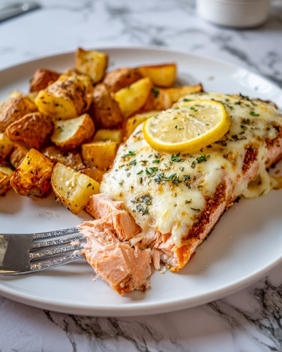 A large piece of cooked salmon fillet topped with a golden-yellow cheese or sauce layer, sprinkled with small green herb pieces, and decorated with thin lemon slices placed evenly on top. The salmon has a light pink color visible under the cheese layer, and it rests in a dark baking pan with some caramelized spots around the edges. The background shows a white marbled surface. photo taken with an iphone --ar 4:5 --v 7