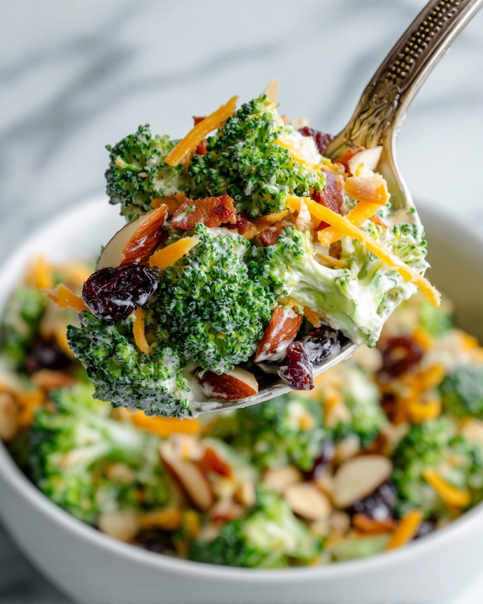 A close-up of a spoon full of fresh broccoli salad showing small green broccoli florets as the main layer, mixed with bright orange shredded cheese pieces, dark dried cranberry or raisin bits, thin pale slivered almonds, and small crispy brown bacon bits spread throughout. The salad has a creamy dressing coating the ingredients lightly, and it is all held above a white bowl filled with the same colorful mixture on a white marbled surface. photo taken with an iphone --ar 4:5 --v 7