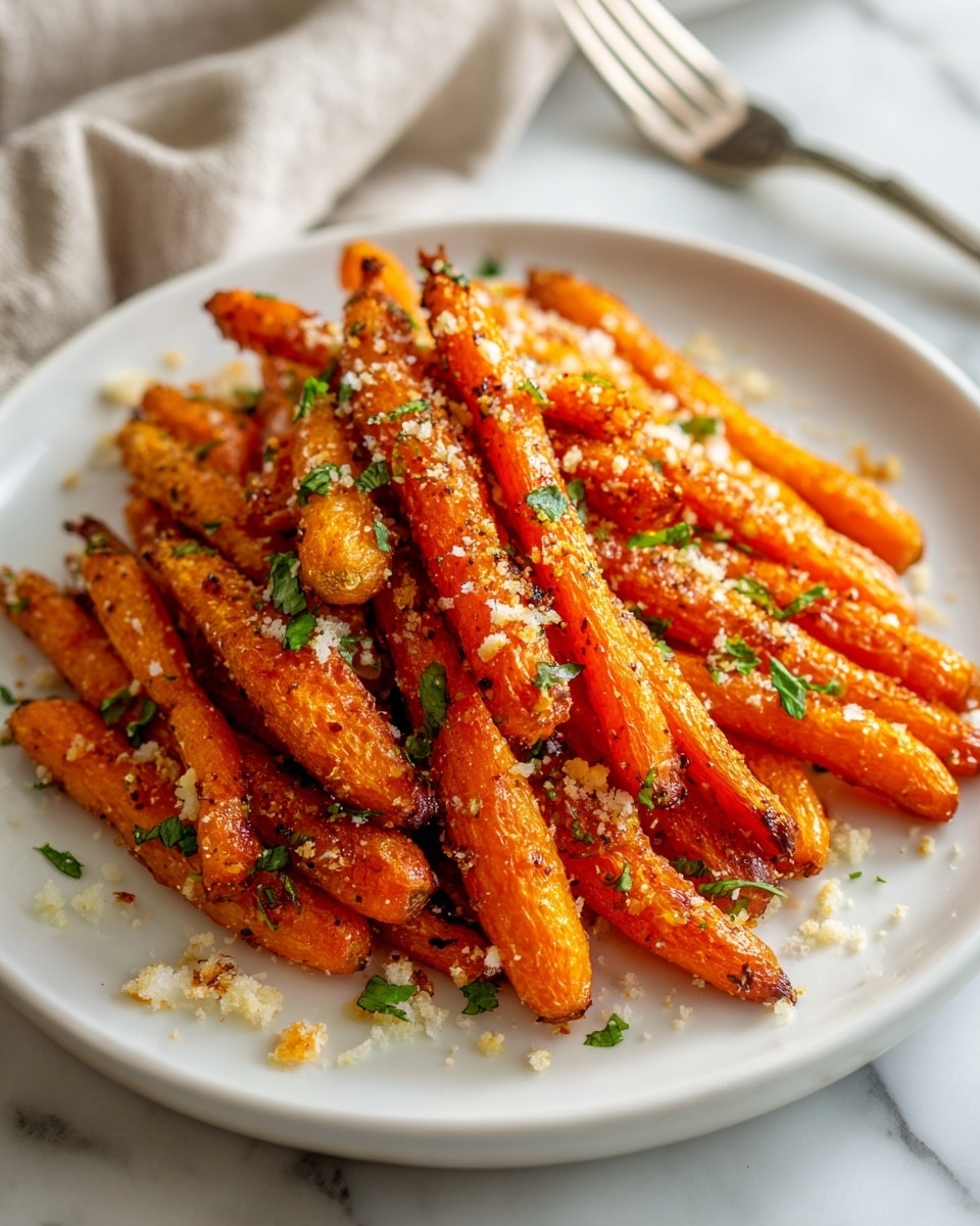 A white plate filled with a large pile of roasted orange baby carrots, seasoned with small bits of green herbs and a sprinkling of light-colored grated cheese or breadcrumbs. The carrots have a slightly crispy texture on the outside with visible seasoning that includes coarse spices and herbs scattered unevenly over and around them. The background shows a soft, white marbled texture with a blurred fork and a neutral-colored cloth in the distance, adding a cozy and fresh feel to the scene. photo taken with an iphone --ar 4:5 --v 7