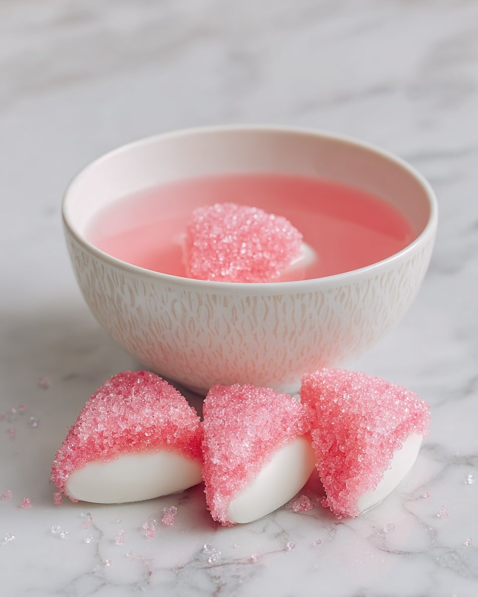 The image shows four thin white almond-shaped cookies arranged in front of a white ceramic bowl with delicate cut-out patterns. Each cookie has a thick layer of bright pink sugar crystals covering the top surface, giving them a shiny, textured look. The bowl is filled with the same pink sugar crystals, and the setup is placed on a white marbled surface. The lighting highlights the vibrant pink color against the soft white tones of the bowl and cookies. Photo taken with an iphone --ar 4:5 --v 7