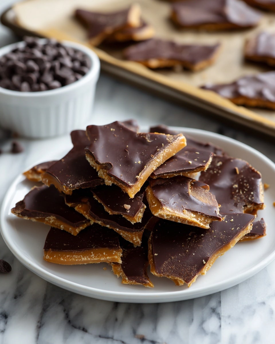 The image shows a metal baking sheet lined with brown parchment paper holding several large, irregular pieces of toffee bark. Each piece has a bottom layer of light golden toffee with a slightly glossy, cracked texture, topped with a thick layer of dark chocolate that looks smooth but has some small cracks and a few white salt flakes sprinkled on top. The toffee edges are uneven and some parts are chipped, giving a rustic look. The background surface is a white marbled texture. photo taken with an iphone --ar 4:5 --v 7