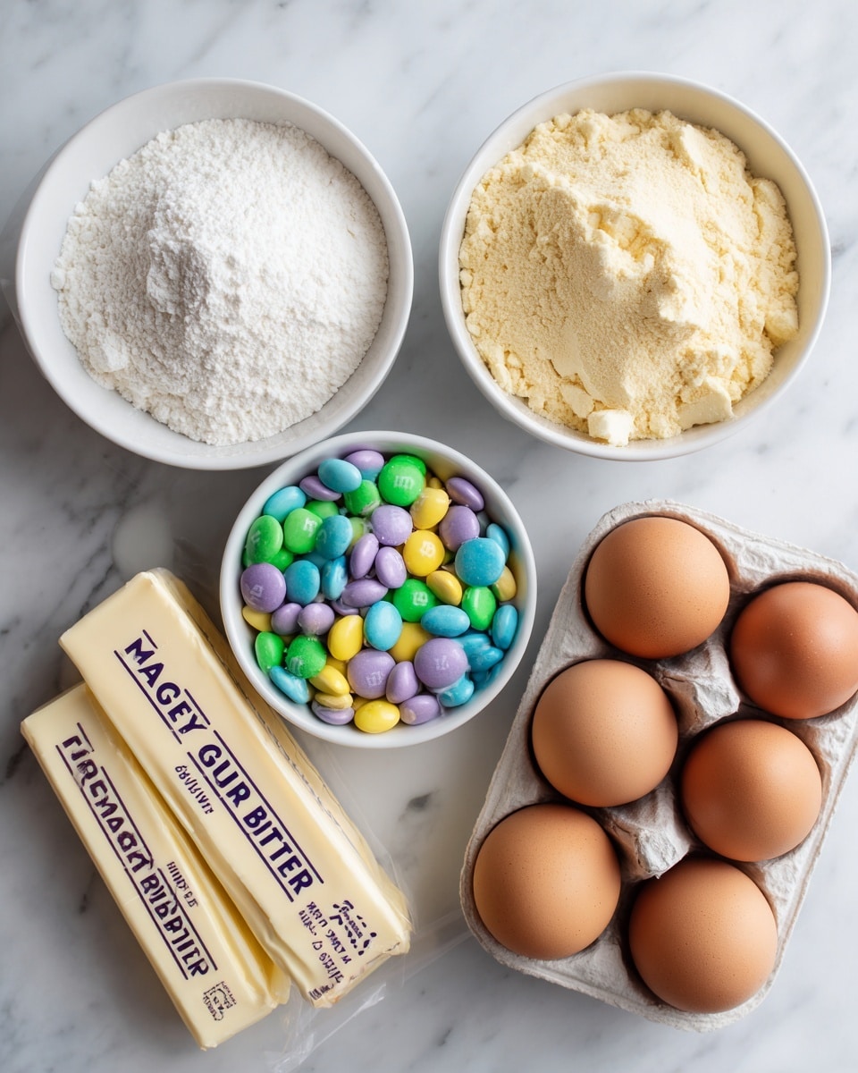 The image shows six baking ingredients placed on a white marbled surface. There are two white bowls filled with dry mixes: one bowl contains a white sugar cookie mix with a powdery texture, and the other holds a chocolate chip cookie mix with visible chocolate chips embedded in the light tan mixture. Next to these, there is a white bowl filled with colorful Easter mix M&M's in pastel shades of green, yellow, purple, and blue, creating bright pops of color. A white rectangular dish contains six large brown eggs, smooth and shiny. Two sticks of butter, pale yellow and wrapped in paper labeled