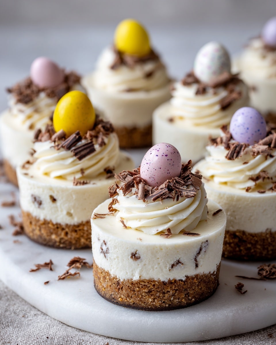 There are six small round cheesecakes on a white marble board. Each cheesecake has two layers: a light brown crumbly base and a thick, creamy white top layer with little chocolate pieces inside. On top, there is a swirl of white cream and three colorful small eggs – yellow, pink, purple, or white with spots. Light brown chocolate shavings are sprinkled over the cheesecakes and the marble board. The background shows a soft white and gray texture. Photo taken with an iphone --ar 4:5 --v 7