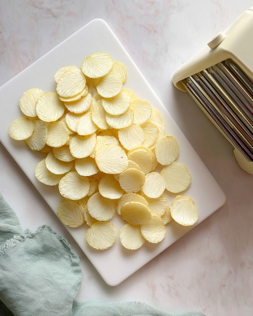 A white cutting board is filled with many thin, pale yellow potato slices spread unevenly over it. Next to the cutting board on the right side is a light beige slicer with a sharp metal blade. The background has a white marbled texture, and there is a soft green cloth placed on the bottom left corner of the image. photo taken with an iphone --ar 4:5 --v 7