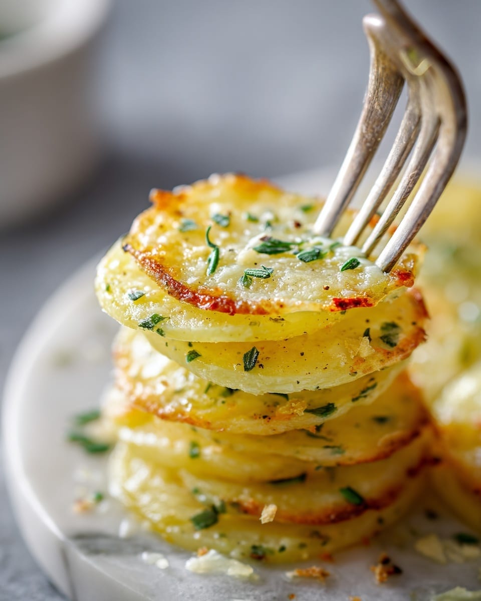 A close-up shows a stack of four thin, round potato slices layered with creamy cheese. Each slice is yellowish-white with a soft, slightly shiny texture, and the top layer is lightly browned with small green herb pieces scattered on it. The stack is held by a fork above a white marbled surface where more of the potato slices are visible, with a golden-brown crust and green herbs sprinkled around. The image has a soft, warm light and a blurry gray background, focusing on the detailed texture of the potatoes and cheese. photo taken with an iphone --ar 4:5 --v 7