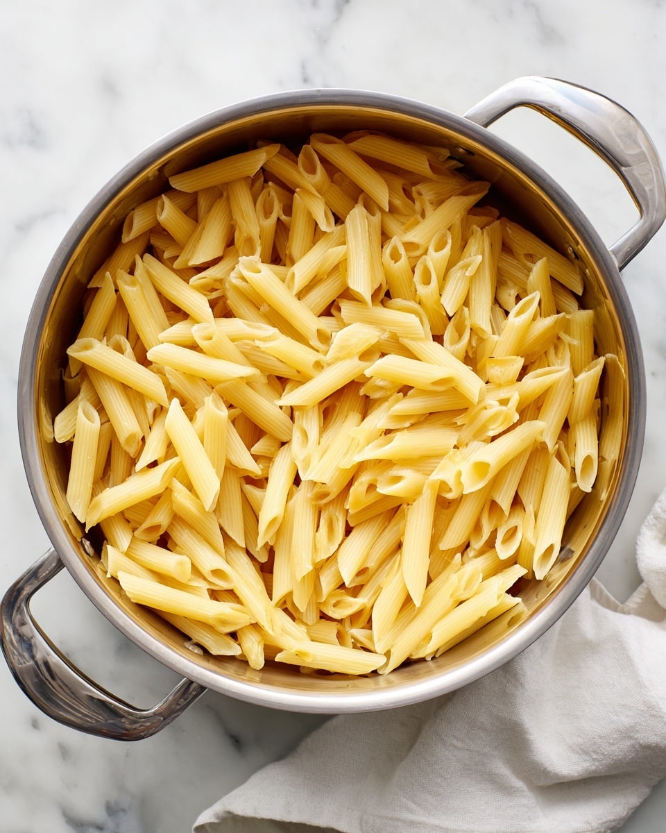 A metal pot filled with cooked penne pasta is shown from above. The penne pieces are pale yellow and soft, filling the pot almost to the top. The pot has two handles on each side and sits on a white marbled surface with a white cloth partially visible near the bottom right. The scene is simple and clean, focusing on the cooked pasta inside the shiny pot. photo taken with an iphone --ar 4:5 --v 7