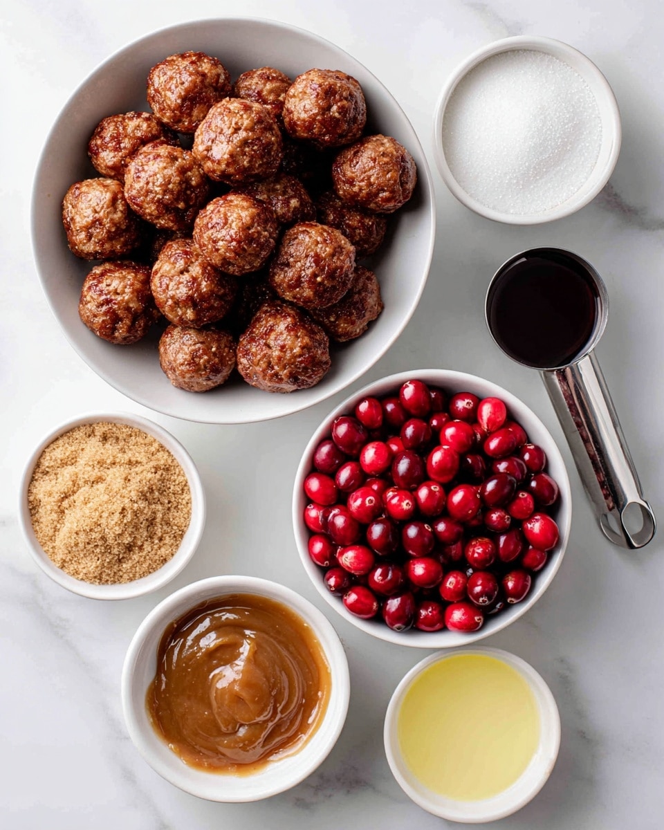 The image shows six ingredients arranged on a white marbled surface. In the top center, a white bowl holds about 20 round, browned meatballs with a textured, slightly rough surface. To the right of the meatballs, a metal measuring cup is filled with white granulated sugar. Below the sugar, a white bowl is filled with bright red cranberries that are shiny and smooth. Below the meatballs, a small white bowl holds light golden BBQ sauce with a thick, glossy texture. To the left, a small pile of light brown sugar sits in a white dish, with a grainy texture. Between the brown sugar and the sugar, a tiny bowl holds pale yellow lemon juice. Another small white bowl with water is placed to the left of the lemon juice. The image has bright, natural lighting and clear focus. Photo taken with an iphone --ar 4:5 --v 7