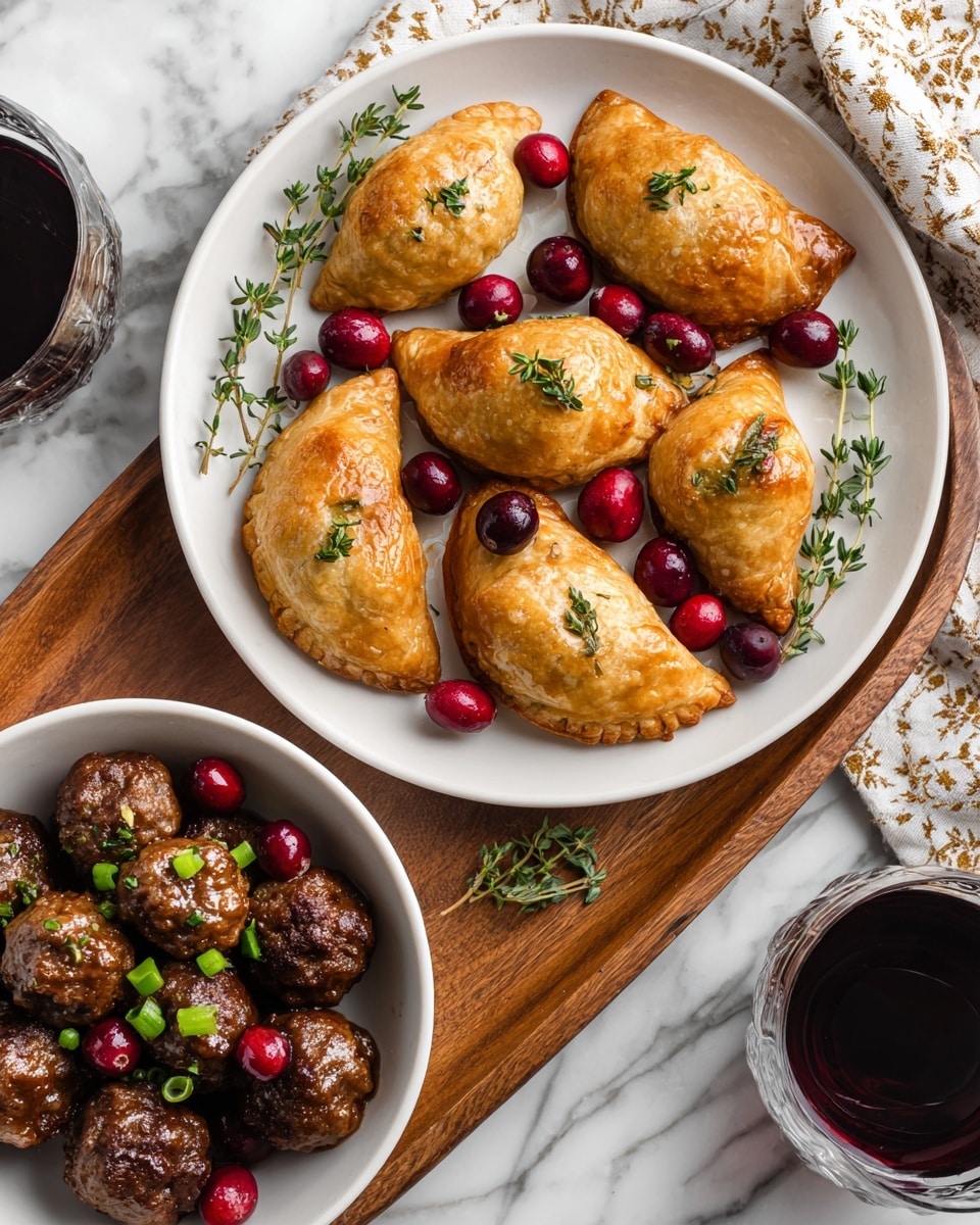 A white plate holds six golden brown half-moon shaped pastries, each topped with small sprigs of green thyme and surrounded by bright red cranberries. This plate is placed on a wooden tray. Below this, there is a white bowl filled with shiny brown meatballs, scattered with chopped green onions and whole red cranberries. To the right of the bowl, a glass of dark red wine is partially visible. All items rest on a white marbled surface with a patterned cloth peeking in from the top right corner. photo taken with an iphone --ar 4:5 --v 7