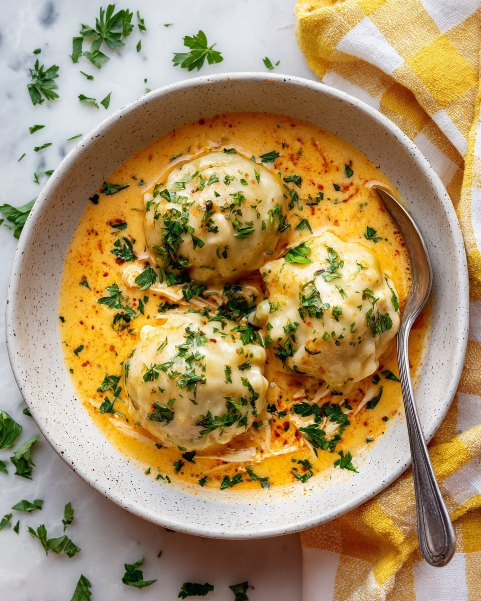 A white speckled bowl holds three soft, pale golden dumplings floating in a light orange creamy sauce with visible shreds of chicken. The dumplings have a smooth, slightly wrinkled texture and are sprinkled with fresh, bright green parsley leaves scattered over the dish. A silver spoon rests inside the bowl, partially submerged in the sauce. The bowl sits on a white marbled surface with small bits of parsley scattered around and a yellow and white checkered cloth in the background. Photo taken with an iphone --ar 4:5 --v 7