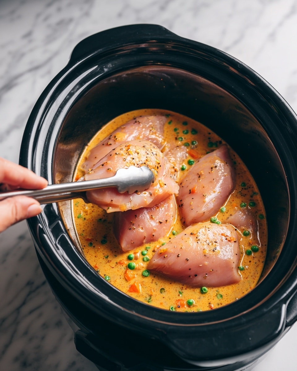 A close-up shows three raw pink chicken fillets placed inside a black slow cooker, partially covered by a thick orange sauce mixed with small green peas and tiny orange bits, the sauce has a creamy texture with visible black pepper seasoning. A silver tong held by a woman's hand is about to place one chicken fillet into the sauce. The slow cooker has a shiny black interior, and the background is a white marbled texture. photo taken with an iphone --ar 4:5 --v 7