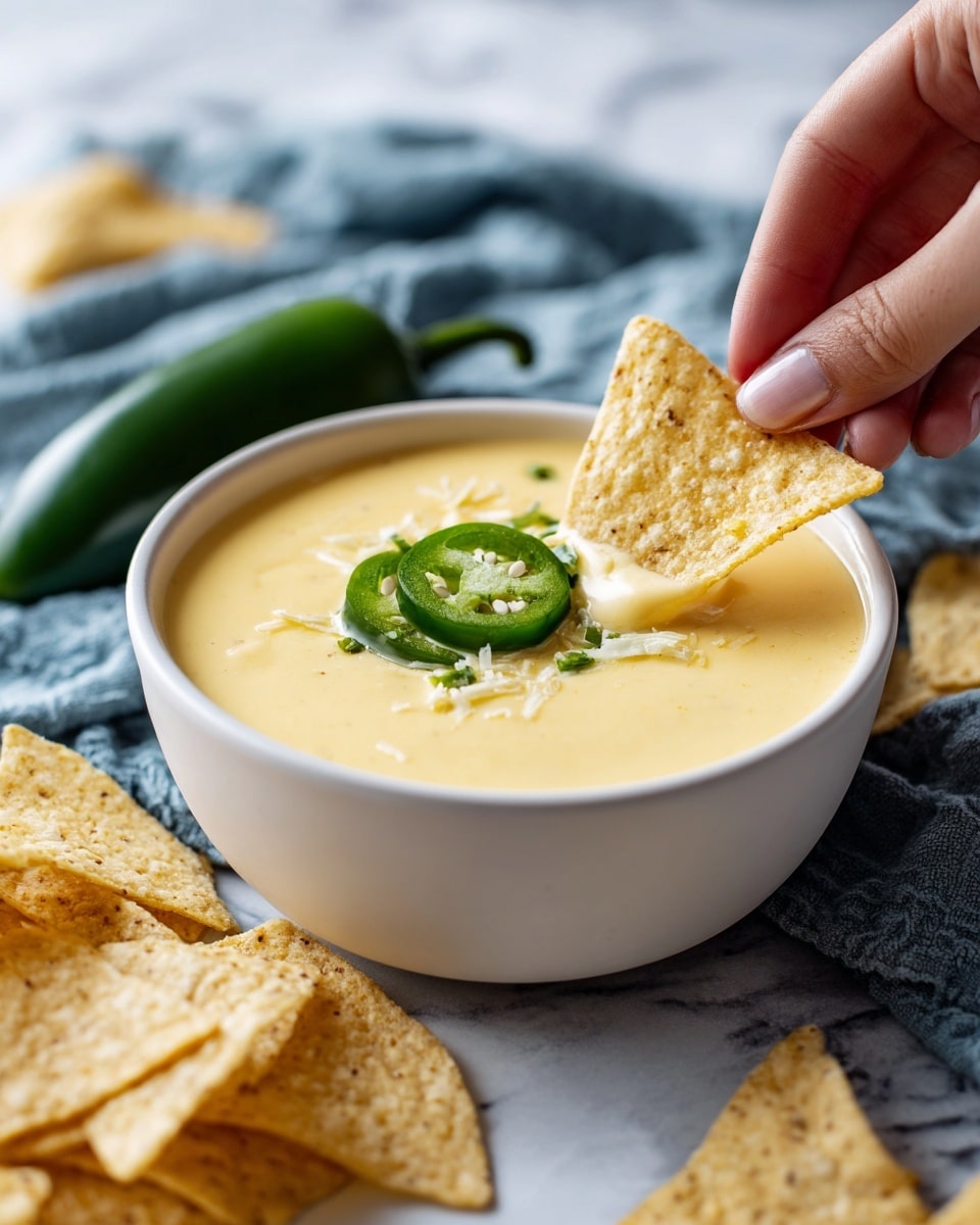 The image shows three small white bowls filled with creamy light yellow cheese dip, each topped with a slice of green jalapeño pepper in the center. Around and between the bowls are many golden yellow tortilla chips with a rough, crunchy texture. The bowls and chips are placed on a soft, light blue knitted fabric with visible patterns. The whole setup is on a white marbled surface, creating a bright and fresh look. photo taken with an iphone --ar 4:5 --v 7