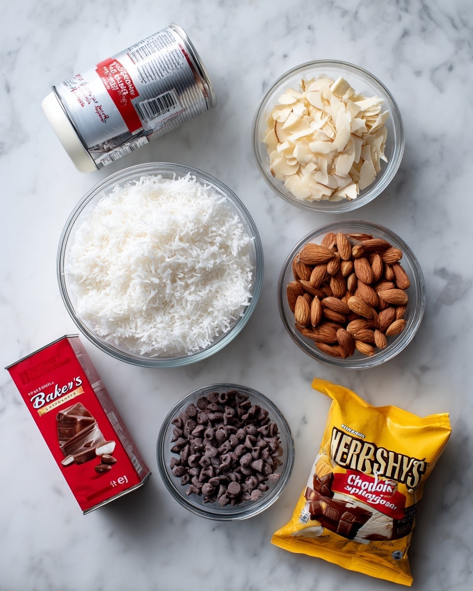The image shows six baking ingredients arranged on a white marbled surface: a large clear bowl filled with fluffy white shredded coconut, a can of sweetened condensed milk lying on its side, a small clear bowl with sliced almonds showing light beige and brown colors, a small clear bowl filled with whole brown almonds, a red box of Baker's semi-sweet chocolate, and a yellow bag of Hershey’s Chipits semi-sweet chocolate chips with dark chocolate chips pictured on the packaging, all placed in a neat spread. photo taken with an iphone --ar 4:5 --v 7