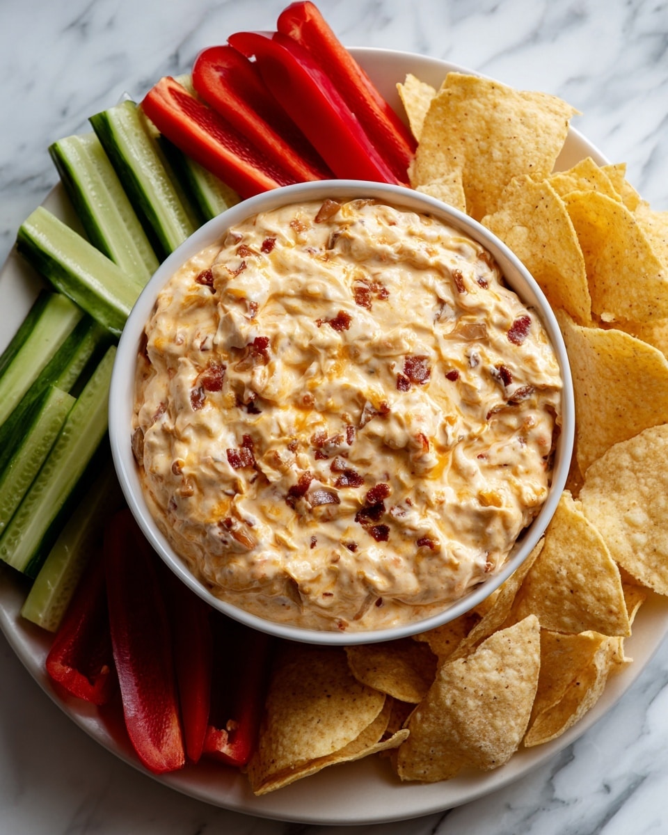 The image shows a close-up of a white bowl filled with thick, creamy cheese dip that has small pieces of brown and red ingredients mixed in. The bowl is placed on a white marbled surface and surrounded by fresh vegetable sticks and chips. On the left side, bright red pepper slices and dark green cucumber sticks are arranged neatly. On the right side, there are light yellow, round, and crinkly tortilla chips piled up around the bowl. The colors of the dip and the vegetables create a nice contrast with the white bowl and surface. photo taken with an iphone --ar 4:5 --v 7