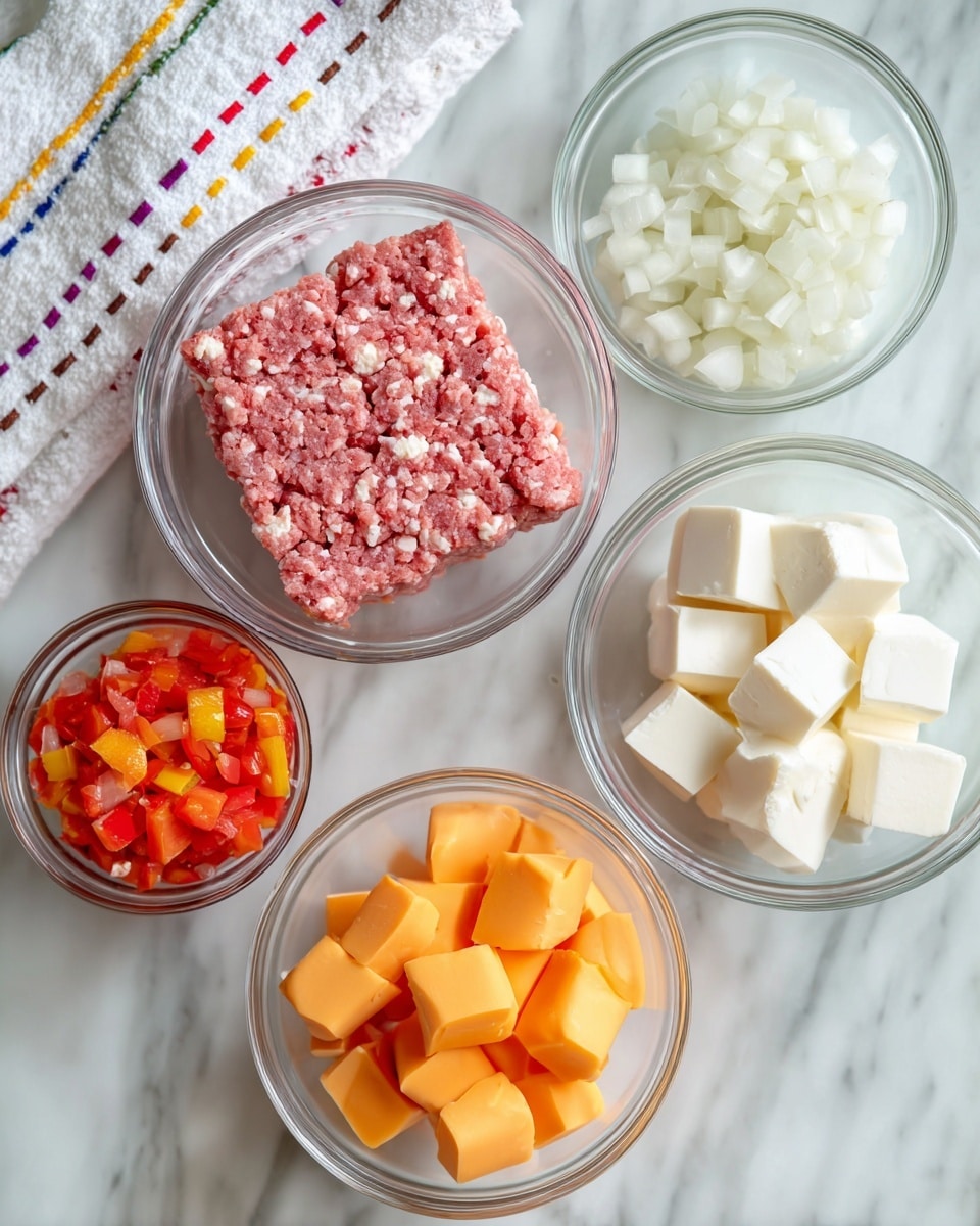The image shows five clear glass bowls arranged on a white marbled surface. The largest bowl at the top center holds a square mound of pink ground sausage with white fat specks. To the right, a smaller bowl contains small, white diced onion pieces. Below the sausage bowl, on the left, another bowl is filled with bright red and orange chunky tomatoes and peppers labeled Rotel. Beside it, on the right, a bowl contains cream cheese cut into large white cubes. At the bottom center, a bowl holds smooth, bright orange cubes of Velveeta cheese. In the top left corner, there is a white cloth with multicolor dashed lines. The photo is taken with an iphone --ar 4:5 --v 7
