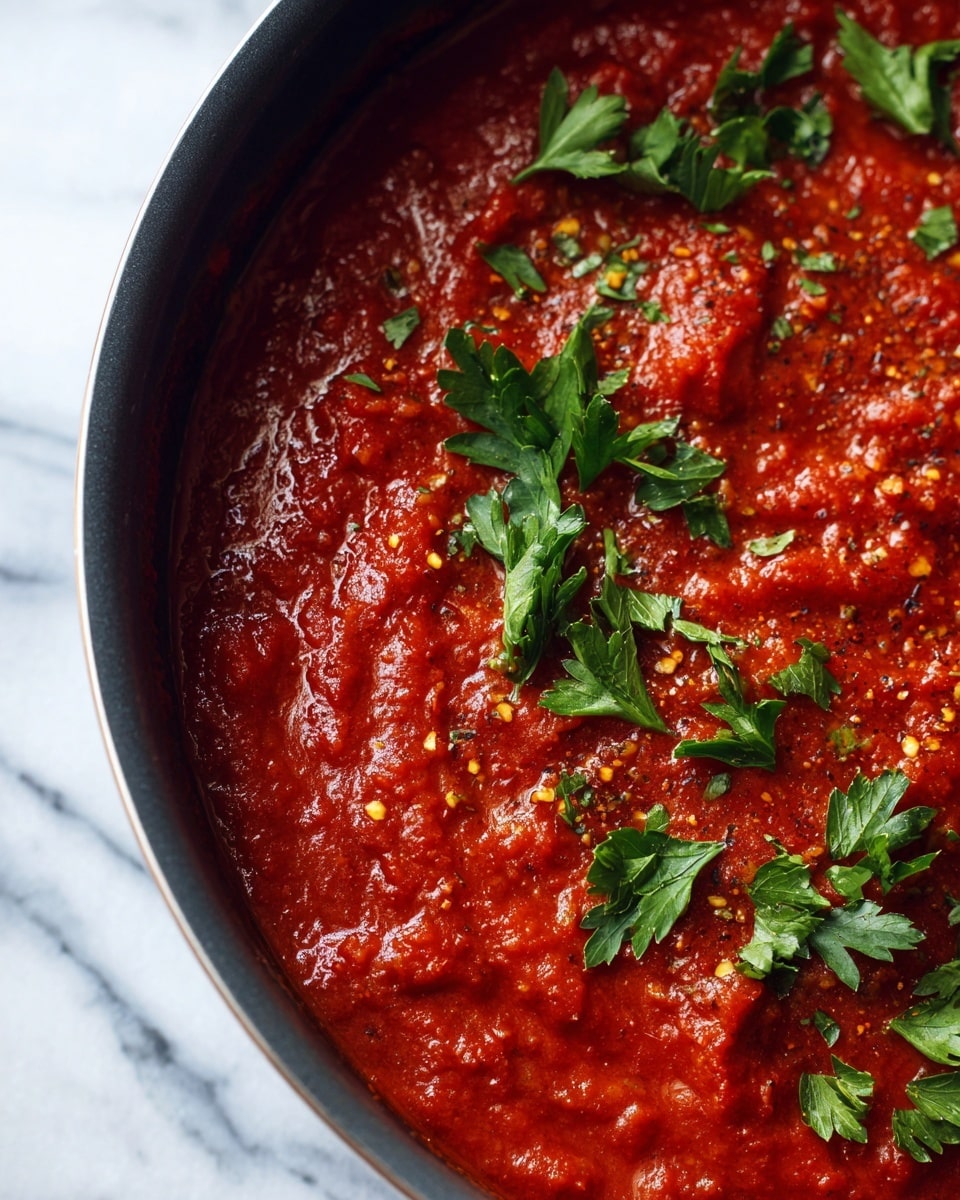 A close-up view of rich, red tomato sauce in a dark-colored pot with a smooth but slightly chunky texture, dotted with small bits of herbs and spices throughout. Bright green parsley leaves are scattered on top, adding a fresh contrast to the deep red sauce. The edge of the pot is visible with a dark rim, and the background is a white marbled surface. Photo taken with an iphone --ar 4:5 --v 7