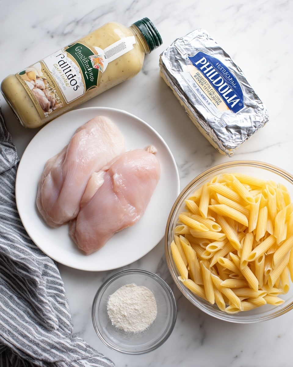 A white round plate in the center holds two pieces of raw pale pink chicken placed side by side. To the right, a clear glass bowl shows bright yellow uncooked penne pasta inside. Below the plate, there is a block of silver-wrapped Philadelphia cream cheese with blue and white writing. Below the chicken to the left, a small clear glass bowl contains a fine white powder. At the far left, there is a bottle of Olive Garden Italian dressing with a beige and green label, and to the bottom left corner, a gray striped cloth is partially visible. All items are set on a white marbled surface. photo taken with an iphone --ar 4:5 --v 7