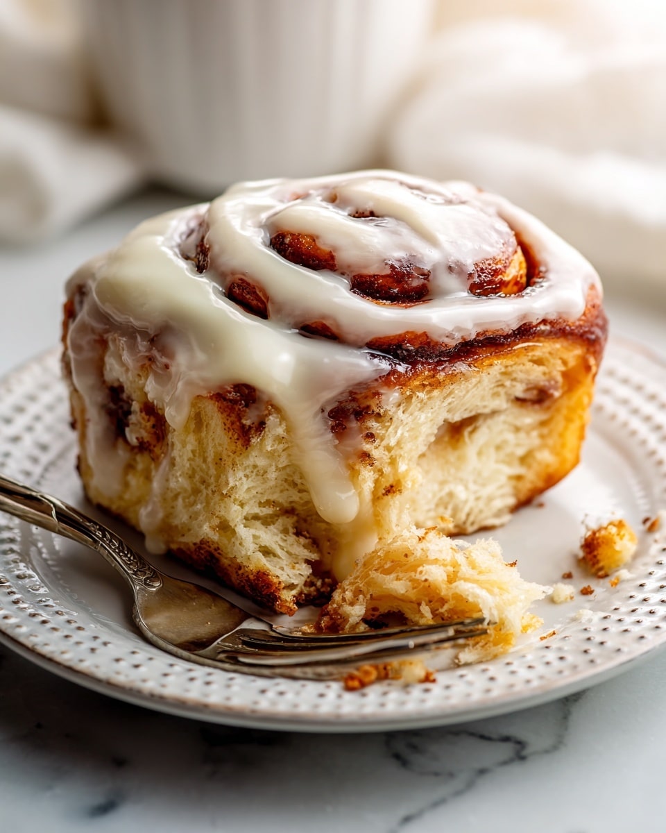 A thick slice of cinnamon roll sits on a white plate with dotted patterns around the edge. The cinnamon roll has multiple soft, golden-brown layers twisted tightly, showing a dark cinnamon swirl inside. The top is covered with creamy white icing dripping down the sides in smooth waves. A piece of the roll crumbles slightly at the bottom, with a silver fork resting nearby on the plate, its prongs touching a small piece of the roll. The plate is placed on a white marbled surface with soft natural light highlighting the textures. photo taken with an iphone --ar 4:5 --v 7