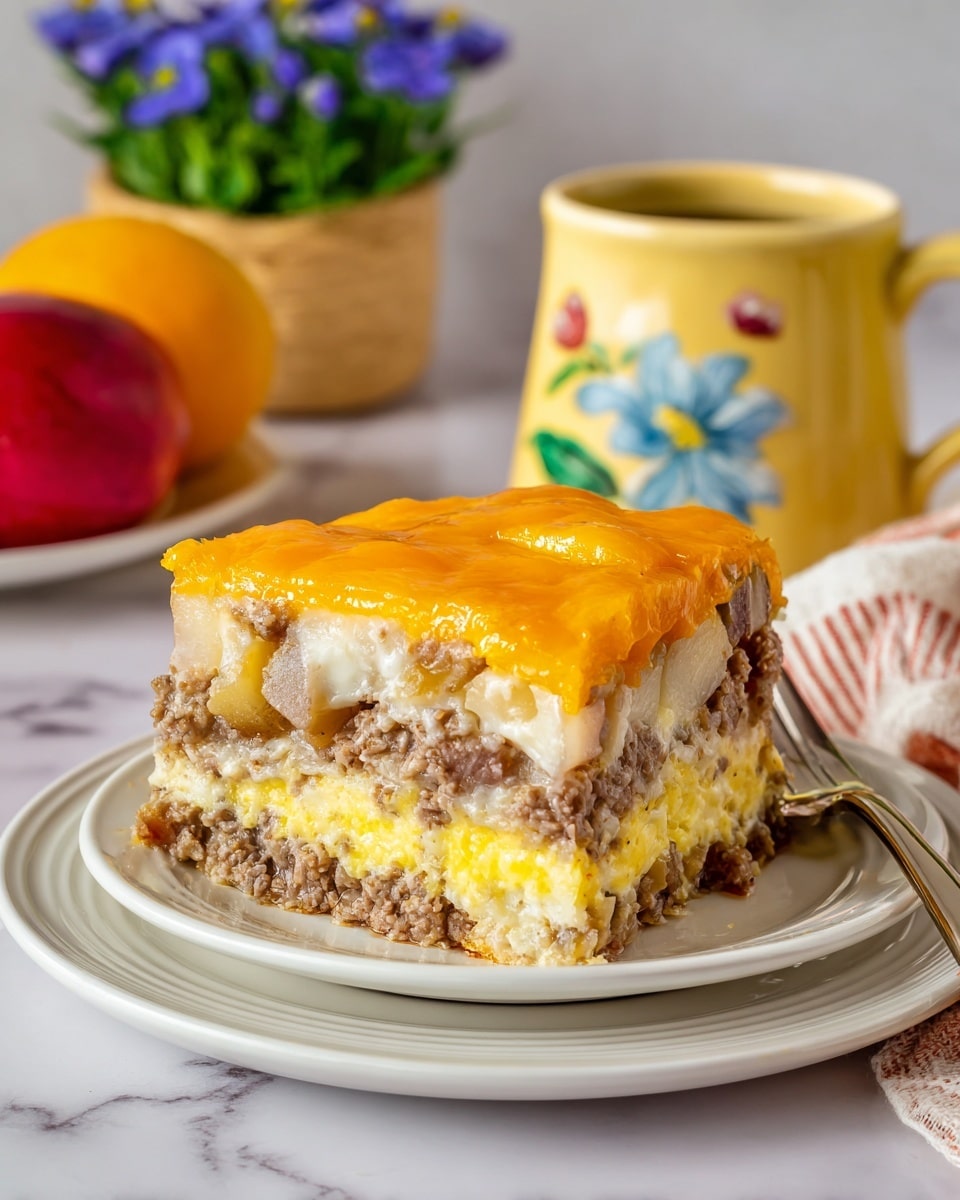 The image shows two stages of a dish inside a white pot with a dark rim, placed on a white marbled surface. On the left, the dish is uncooked, with a liquid mixture that is light yellow in color, filled with visible small pieces of pink ham and scattered shredded orange cheese. On the right, the cooked version of the dish looks solid and firm with a uniform yellow surface, small brown cubes of ham evenly spread throughout, and a slightly textured top from cooking. The contrast between the two shows the transformation of the mixture from liquid to a smooth, baked finish. photo taken with an iphone --ar 4:5 --v 7