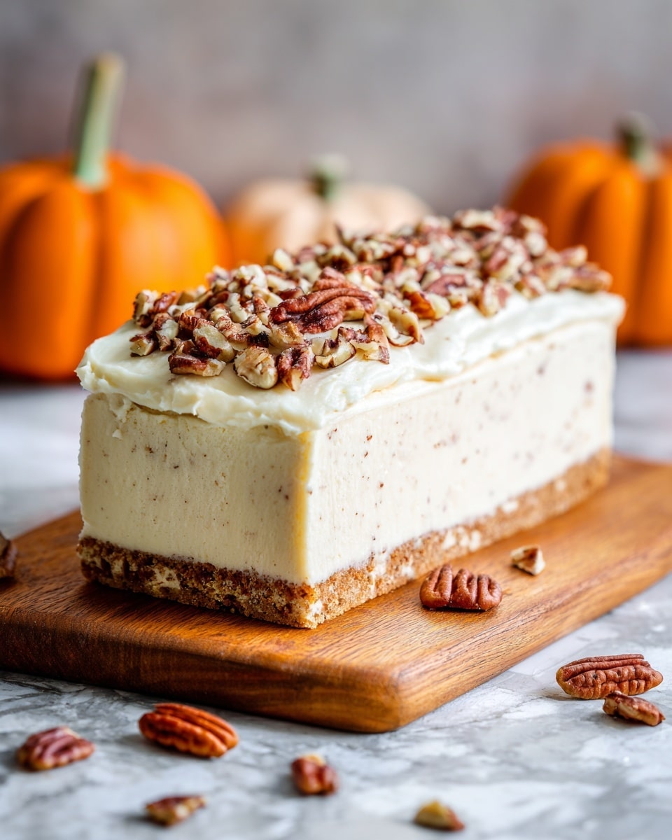 A rectangular layered cake sits on a wooden board with a white marbled background. The cake has two main layers: a smooth pale yellow cake base and a thick layer of creamy white frosting covering the entire cake. On top, the frosting is decorated with a line of chopped brown pecans running down the center. Some pecans are scattered around the board near the cake, and two small orange pumpkins are placed in the blurred background. The cake looks soft and creamy with a slightly textured frosting surface. Photo taken with an iphone --ar 4:5 --v 7