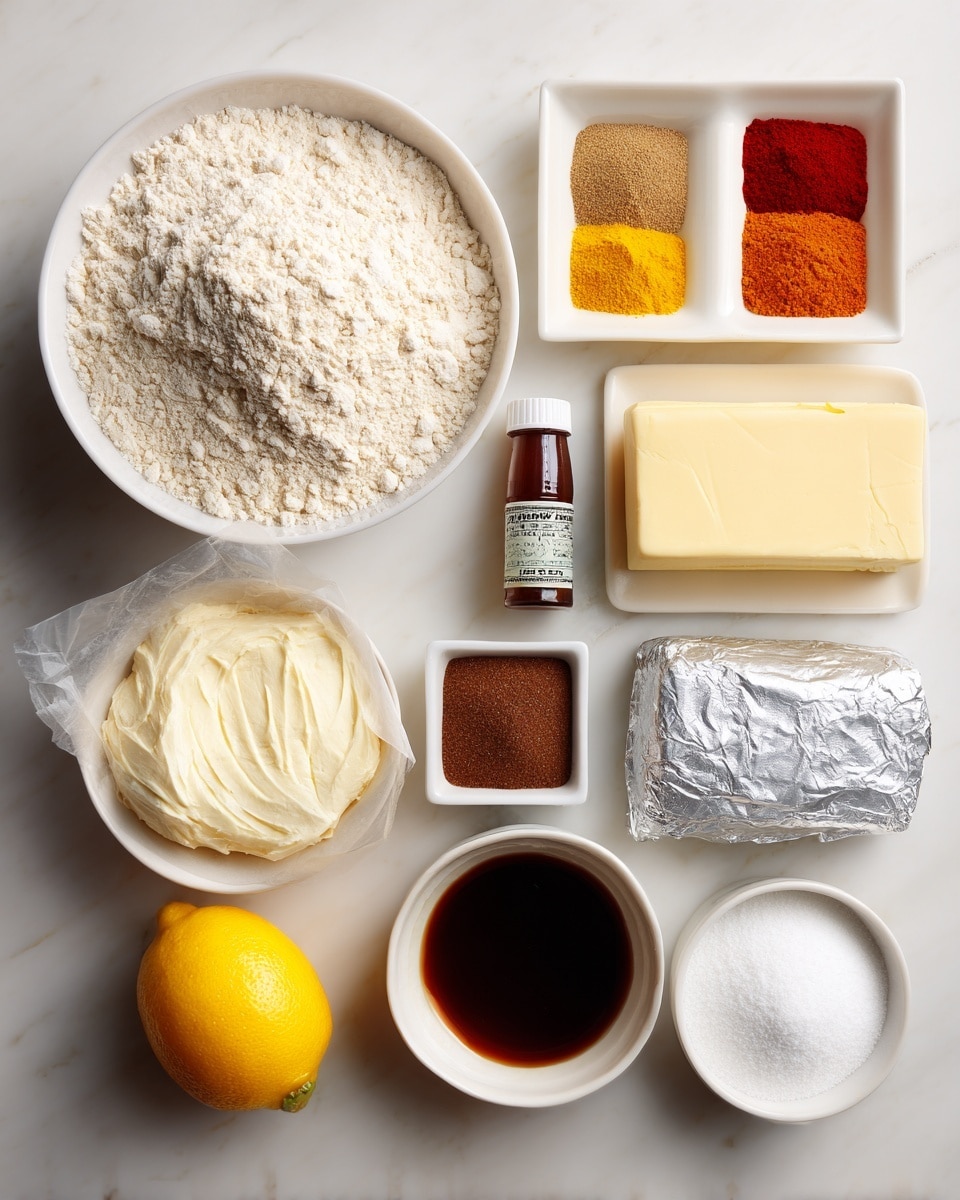 The image shows a top view of baking ingredients placed neatly on a white marbled surface. On the left, there is a large white bowl filled with light beige flour. To its right, a small white square dish with four types of spices in yellow, orange, light brown, and red shades arranged in separate sections. Below that is a small white bowl filled with dark brown sugar. Next to it, a rectangular yellow block of unsalted butter wrapped in paper and a brown egg sit side by side. A small brown bottle labeled vanilla paste is placed near a wrapped block of cream cheese in silver foil. In the center, a white bowl holds a dark brown liquid with tiny bubbles. At the bottom right, a small white bowl is filled with a white powdery ingredient. A bright yellow lemon is positioned in front of the bowl. photo taken with an iphone --ar 4:5 --v 7