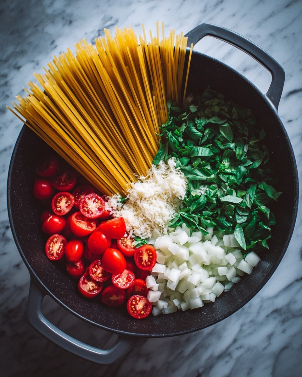 The image shows a black pot filled with raw ingredients for a pasta dish. At the back, there is a bundle of long yellow spaghetti standing upright. In front of the spaghetti are chopped fresh green basil leaves on the right, minced white garlic in the middle, and diced white onions on the far right. At the front left of the pot are bright red cherry tomatoes that are sliced in half, showing their juicy insides. The pot sits on a white marbled surface. Photo taken with an iphone --ar 4:5 --v 7