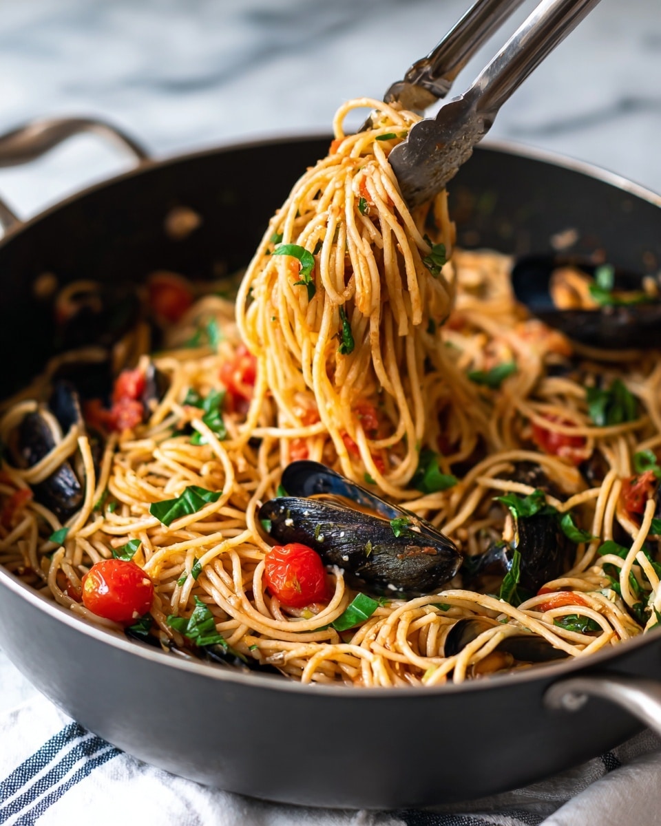 The image shows a black cooking pot filled with spaghetti pasta that is light yellow in color and mixed with small pieces of red cherry tomatoes and white onions. The spaghetti is soft and slightly shiny, with some strands lifted by a fork on the right side of the pot, showing a close-up of the pasta texture. There is a fresh green basil leaf on the left side adding a touch of color contrast. The background has a white marbled texture, and the photo has a bright, natural light. photo taken with an iphone --ar 4:5 --v 7