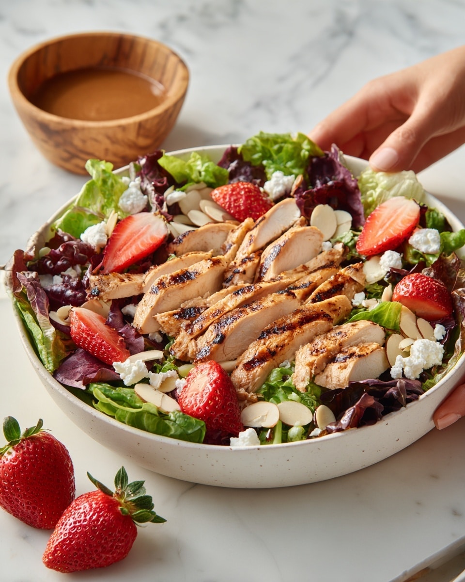 The image shows a close-up of a salad with a colorful mix of layers. The bottom layer is made of green and purple lettuce leaves with a fresh, leafy texture. On top, there are thick slices of grilled chicken with a golden-brown outside and a light beige inside, fanned out neatly in the center and right side. Scattered over the chicken and lettuce are bright red strawberry halves, adding a juicy and shiny look. Small white crumbles of cheese are placed all over, adding a soft and slightly crumbly texture. Thin, light brown almond slices are also spread across the dish, giving a crunchy component. The whole salad sits on a white plate, with a white marbled surface background showing slightly around the edges. photo taken with an iphone --ar 4:5 --v 7