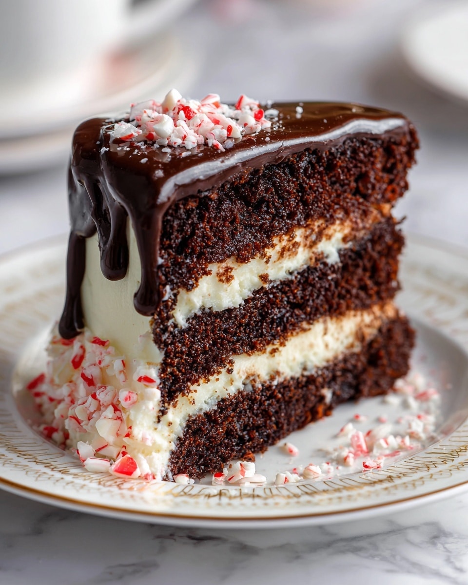 A slice of two-layer dark brown chocolate cake sits on a white plate with a delicate gold patterned edge. Each layer is thick and moist with a creamy white frosting layer in between. The sides and top edges have a smooth layer of rich chocolate glaze slowly dripping down. At the bottom edge of the slice, there is white cream with crushed red and white peppermint pieces scattered around. The plate is set on a white marbled surface, and the background is softly blurred. photo taken with an iphone --ar 4:5 --v 7