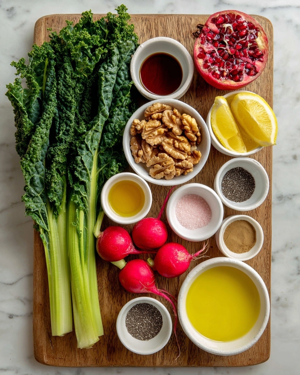 The image shows a wooden board covered with fresh and colorful ingredients arranged neatly for a recipe. In the top center, there is a large bunch of deep green curly kale. To the left of the kale, a long, light green celery stalk lies diagonally. Below the celery, there is a white bowl filled with light brown walnut halves. Next to the walnuts, small white bowls hold dark amber maple syrup, pink salt, and black pepper. In the center, five bright red radishes with green tops removed are placed together. To the right, a half pomegranate reveals its shiny red seeds inside, positioned near small white bowls containing light yellow lemon juice, dark chia seeds, smooth pale yellow dijon mustard, and dark brownish white miso paste. At the bottom center, there is a white bowl filled with yellow olive oil. All items sit on the wooden board with a white marbled background underneath. Photo taken with an iphone --ar 4:5 --v 7