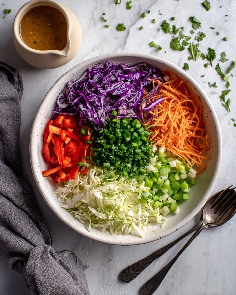 A white bowl filled with seven layers of colorful vegetables sits on a white marbled surface. Starting from the top left and moving clockwise, the first layer shows thin strips of purple cabbage, next to light green shredded cabbage, followed by small green diced pieces of bell pepper. Below them are thin orange carrot sticks, then chopped green onions, a mound of chopped cilantro sits in the center, and finally, thin red bell pepper slices rest on shredded white cabbage at the bottom left. To the right of the bowl, a small light beige ceramic jar holds a brown dressing, and a dark metal serving spoon and fork lay nearby, with small green herb bits scattered around. A grey cloth is partially visible in the bottom left corner. Photo taken with an iphone --ar 4:5 --v 7