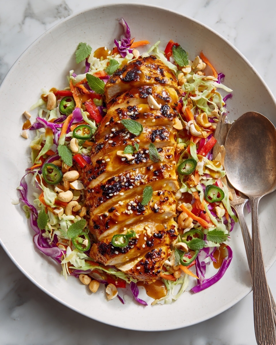 A white plate sits on a white marbled surface, filled with a colorful salad layered with shredded green and purple cabbage, thin orange carrot strips, and red bell pepper slices spread evenly across the base. On top, there are three slices of cooked chicken layered in the center, covered with a drizzle of brown sauce and sprinkled with white sesame seeds. Scattered nuts, including whole cashews and sliced almonds, add texture around the plate, mixed with chopped green onions and fresh cilantro leaves. A silver fork rests on the right edge of the plate, partially inside the salad. Two small white bowls with cashew halves and sliced almonds are placed slightly blurred in the background. Photo taken with an iphone --ar 4:5 --v 7
