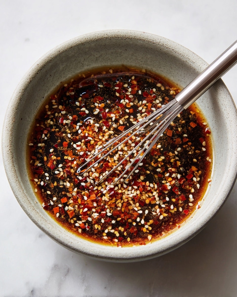A light gray bowl filled with a mix of white sesame seeds and small red chili flakes floating in a thin dark brown sauce. The mixture has a textured look with the seeds scattered thickly over the surface. A small silver whisk lies inside the bowl, its handle angled towards the bottom right, partially submerged in the sauce. The bowl sits on a white marbled surface with soft natural lighting highlighting the sesame seeds and sauce. photo taken with an iphone --ar 4:5 --v 7