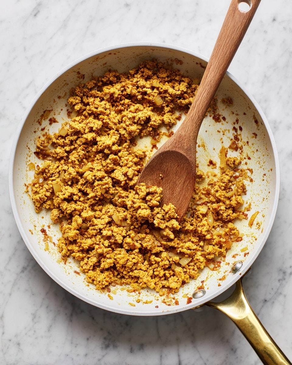 A white frying pan with a gold handle holds cooked, crumbly textured yellow-brown spiced ground meat mixed with small bits of translucent onions spread evenly inside. A wooden spoon rests inside the pan, slightly mixing the meat. The pan is placed on a white marbled surface. The edges of the pan have some browned food marks from cooking. photo taken with an iphone --ar 4:5 --v 7