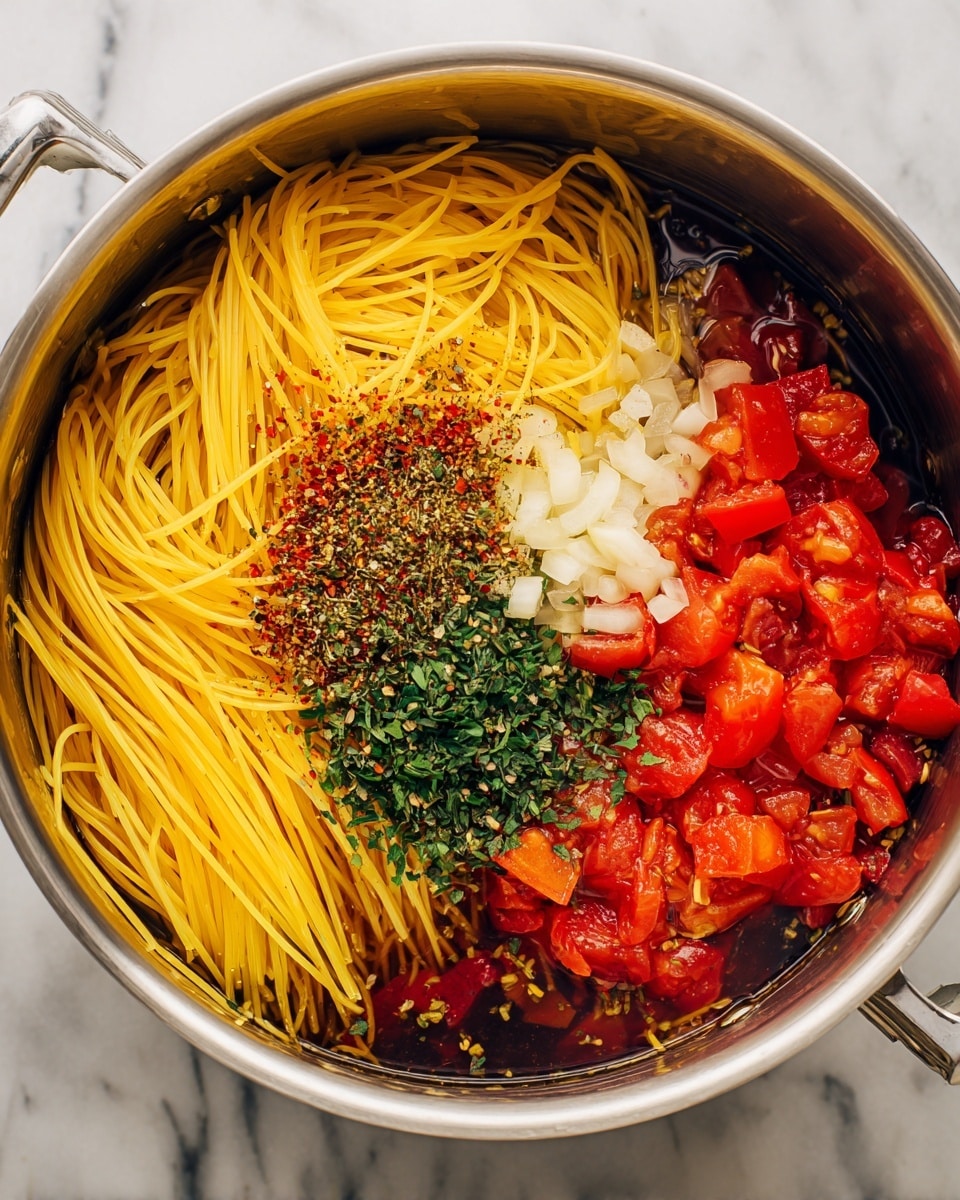 A metal pot filled with uncooked spaghetti noodles layered on the left side, bright yellow in color and straight. Next to the noodles on the right side, there are chunks of red tomatoes mixed with white sliced onions and green chopped herbs. The pot also shows a dark liquid broth at the bottom, with scattered red chili flakes and dried herbs sprinkled over the top. The pot is placed on a white marbled surface. photo taken with an iphone --ar 4:5 --v 7