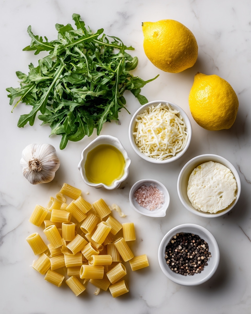 The image shows a collection of ingredients arranged neatly on a white marbled surface. On the left side, there is a bunch of green leafy arugula and two yellow lemon halves placed above a whole lemon. To the right of the lemons, there are two small white bowls placed one above the other; the top bowl contains shredded white cheese, while the bottom bowl holds a creamy white cheese. Surrounding the bowls and ingredients are scattered pieces of uncooked yellow rigatoni pasta. Below the cheese bowls are two smaller white containers, one filled with golden olive oil and the other containing black pepper, pink salt, and a garlic clove. The setup is clean and bright, showcasing the fresh ingredients clearly. Photo taken with an iphone --ar 4:5 --v 7
