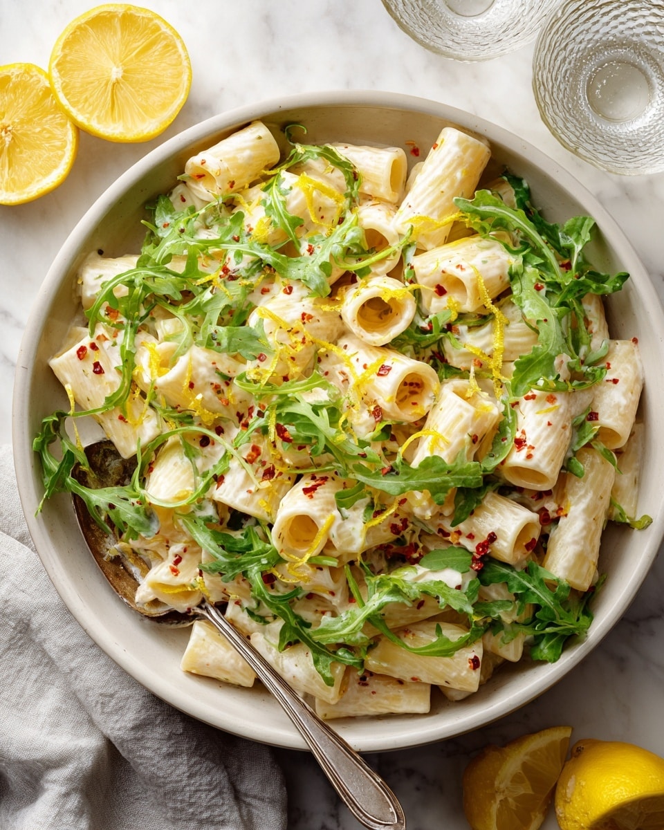 A pan filled with creamy rigatoni pasta in three layers: the first layer is rigatoni pasta coated in white creamy sauce, the second layer shows green arugula leaves mixed evenly throughout, and the third layer is topped with thin, bright yellow lemon zest spirals and small red chili flakes sprinkled across. The pan sits on a white marbled surface, with three halves of bright yellow lemons and a small dark bowl with red chili flakes nearby. A metal grater with a piece of grated cheese on it lies in the background, and a wooden spoon rests on a pale gray cloth beside the pan. Photo taken with an iphone --ar 4:5 --v 7