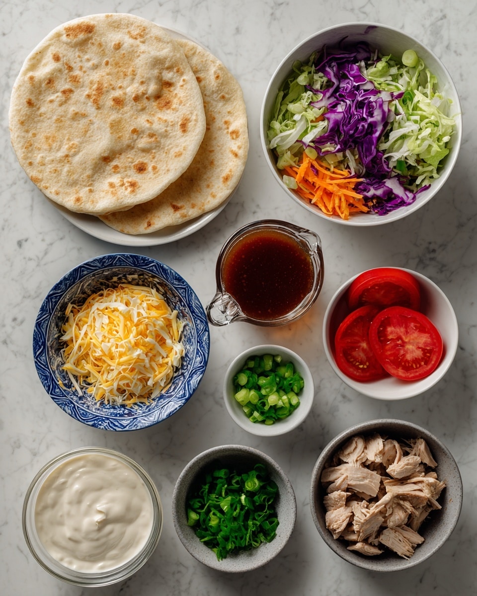 A neatly arranged set of ingredients for a meal is shown on a white marbled surface. There are two light brown flatbreads placed flat on the left side. Above the flatbreads, a white bowl is filled with mixed shredded green, purple, and orange vegetables. To its right, a clear measuring cup contains a dark reddish-brown sauce. Below the sauce, a small white bowl has chopped green onions. Next to it, slices of red tomato rest on the surface. A white bowl filled with creamy white sauce is placed close to the center. A blue and white patterned bowl contains shredded yellow and white cheese. A gray bowl holds fresh green chopped herbs. Finally, a white bowl at the bottom center displays chunks of grilled light brown meat. photo taken with an iphone --ar 4:5 --v 7