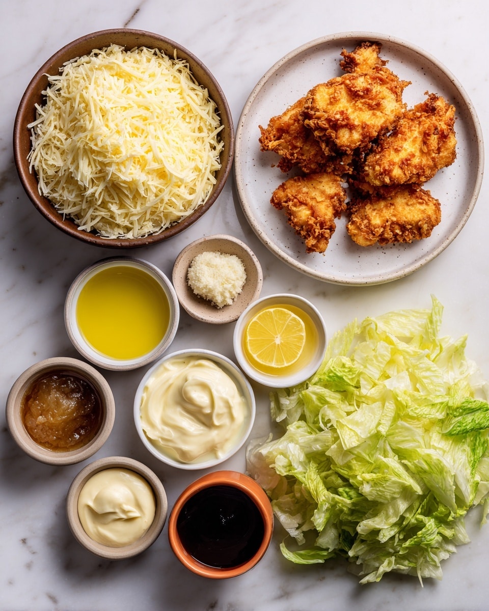 A white marbled surface holds several ingredients arranged neatly: a large mound of pale yellow shredded parmesan cheese in a brown bowl on the top left; next to it on the top right is a white plate with three pieces of crispy golden brown fried chicken. Below the cheese are smaller bowls with different items: a tiny bowl of pale beige garlic paste, a white bowl of golden extra virgin olive oil, a yellow bowl of creamy off-white mayo, a small brown bowl of dark brown Worcestershire sauce, and a small orange bowl with a dollop of mustard-colored Dijon mustard. In the middle, a bright yellow lemon and a white tube of anchovy paste lie side by side. On the far right, a cluster of fresh green petite romaine lettuce rests on the surface. Photo taken with an iphone --ar 4:5 --v 7