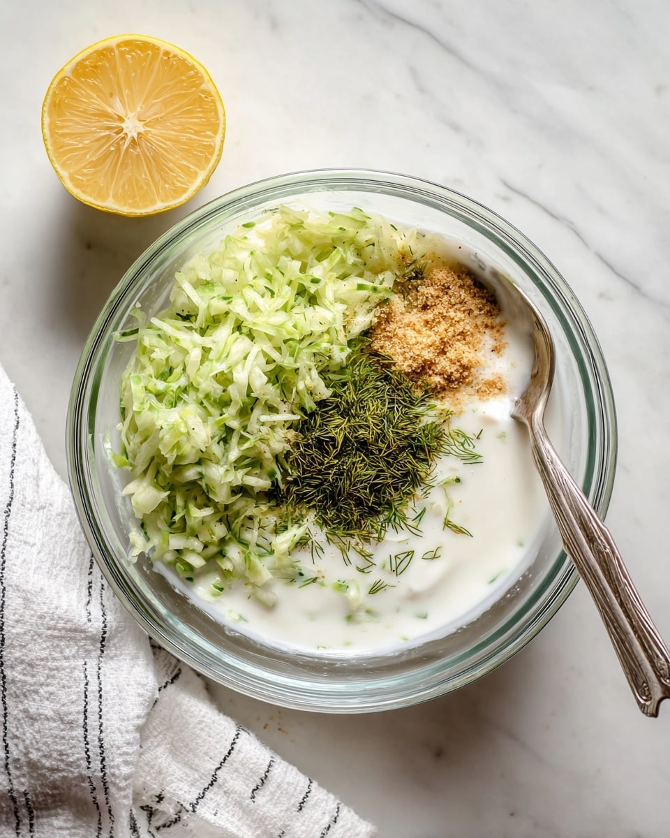 A clear glass bowl on a white marbled surface contains four distinct layers: shredded light green cucumber on the left, a smooth white creamy base on the right, a small pile of light brown garlic powder near the creamy base, and finely crushed dark green dill above the cream. A silver spoon rests inside the bowl on the right side, partly touching the creamy layer. Above the bowl, there is a bright yellow lemon half with visible juice marks, and a white cloth with black stripes is seen on the lower left corner of the image. Photo taken with an iphone --ar 4:5 --v 7