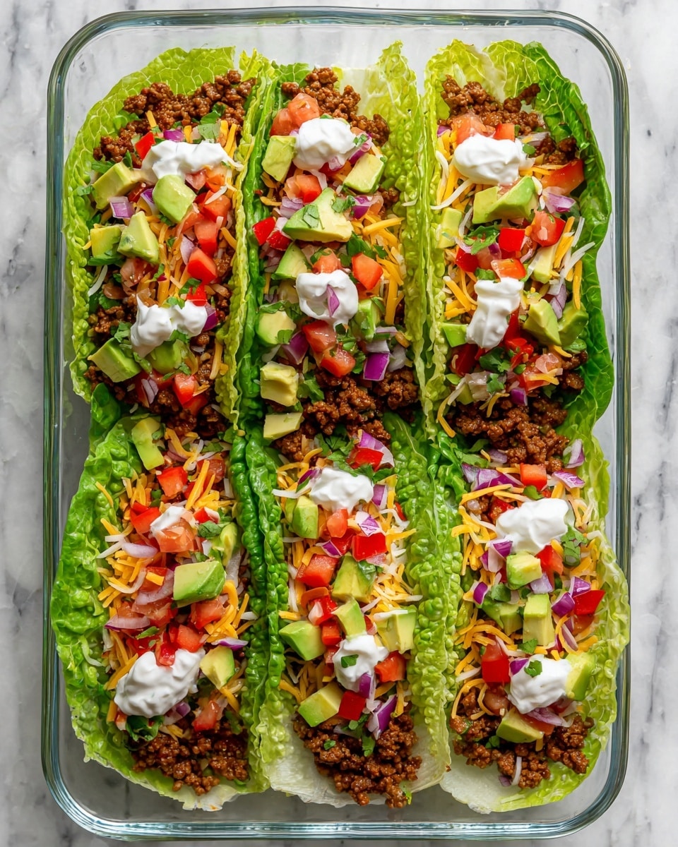 The image shows five green romaine lettuce leaves arranged side by side in a clear rectangular glass dish on a white marbled surface. Each lettuce leaf forms a taco-like shape filled with layers of small pieces of cooked brown ground meat at the bottom, followed by diced red tomatoes and orange bell peppers, small cubes of red onion, and chunks of light green avocado. The layers are topped with white shredded cheese and dollops of white sour cream, scattered evenly across all the lettuce tacos. Photo taken with an iphone --ar 4:5 --v 7