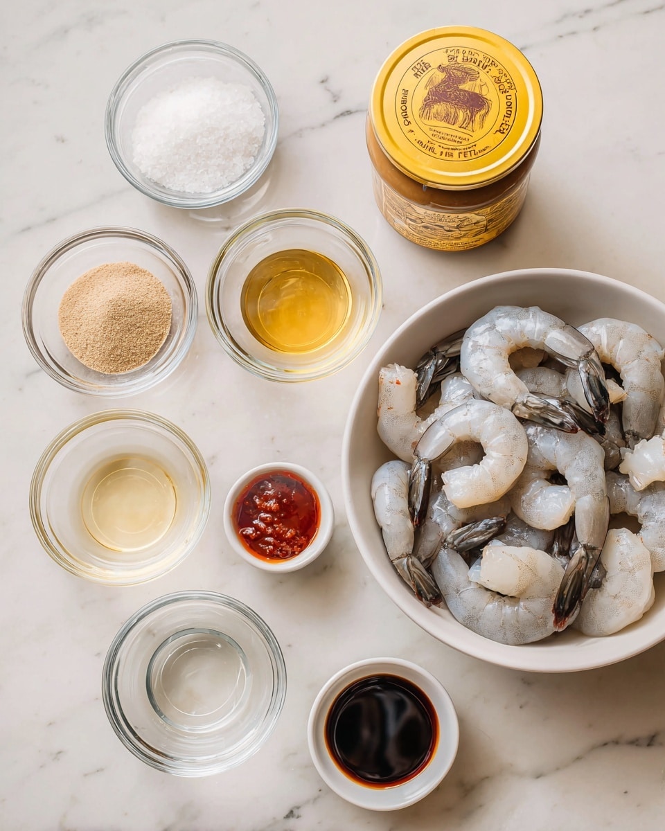 The image shows a white bowl filled with raw shrimp with grayish-white flesh and dark tails at the bottom right. Above it, there is a jar of SunButter sunflower butter with a yellow lid and label. To the left, six small clear glass bowls are arranged in two columns; the top left bowl contains white sea salt, the top right bowl has light brown ginger powder, the middle left bowl holds amber sesame oil, the middle right bowl holds pale yellow rice vinegar, the bottom left bowl is filled with clear water, and the bottom right bowl contains dark brown coconut aminos. Between the top and middle left bowls, there is a small white bowl with reddish sriracha. All items are placed on a white marbled surface. photo taken with an iphone --ar 4:5 --v 7