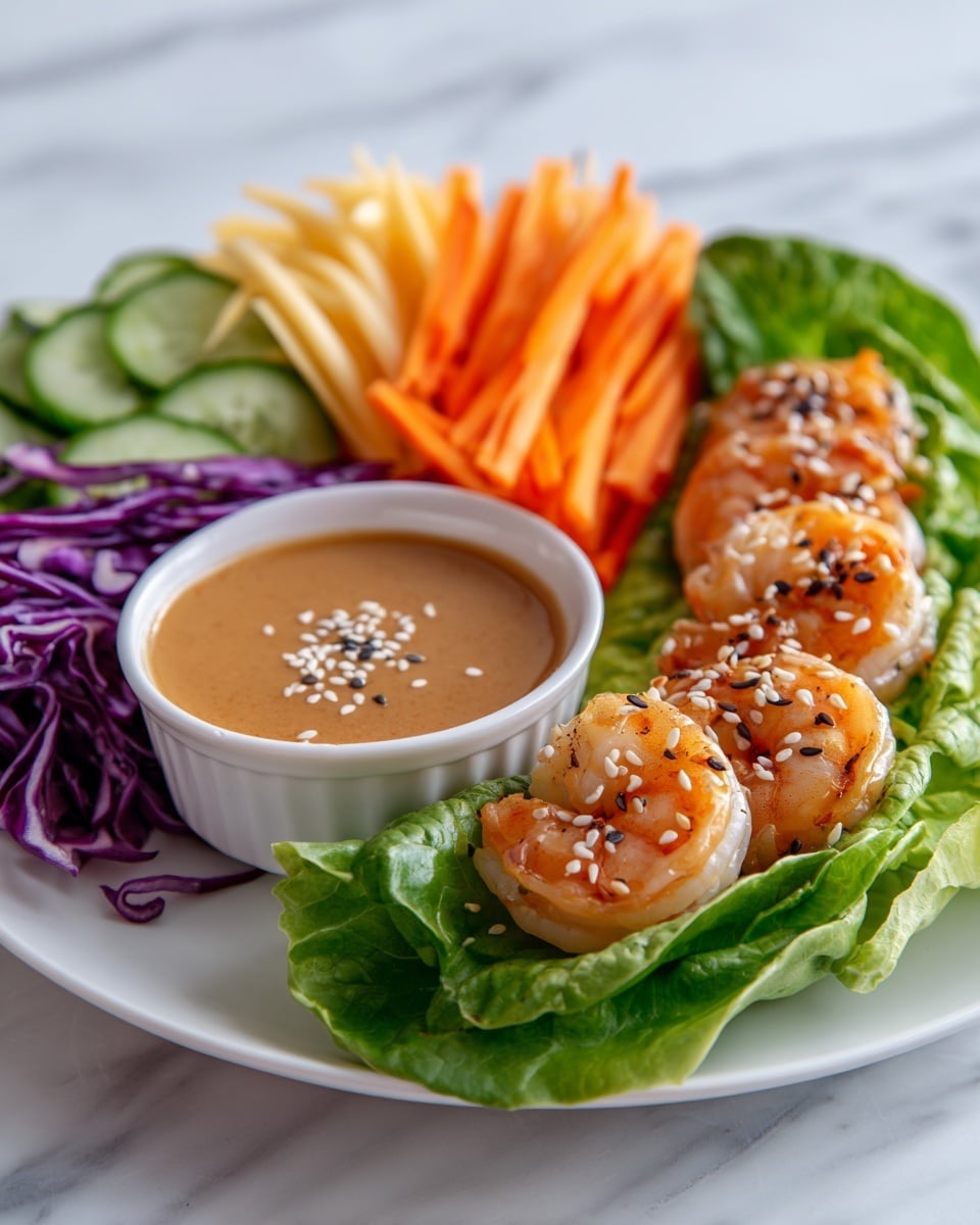 The dish shows a close-up of a white plate with a fresh green lettuce leaf as the base layer, topped with bright orange and pale yellow thin carrot and cucumber sticks along with purple cabbage strips all arranged on the left side. On the right side, there are three golden brown cooked shrimp pieces with a shiny glaze sprinkled with white sesame seeds. A small white bowl filled with a smooth light brown dipping sauce, sprinkled with white and black sesame seeds, is placed near the shrimp, all set against a white marbled surface. photo taken with an iphone --ar 4:5 --v 7
