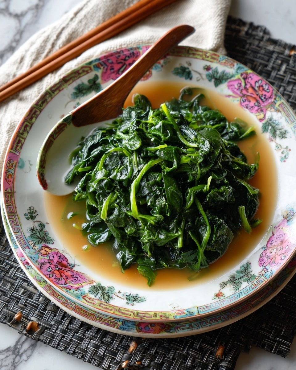 A white bowl filled with cooked green leafy vegetables with a shiny, slightly wet texture, showing a mix of long stems and leaves. A pair of wooden chopsticks held by a woman's hand is lifting a small bunch of the greens from the bowl. The bowl sits on a colorful plate with floral patterns, placed on a white marbled surface. The background is softly blurred in light tones. photo taken with an iphone --ar 4:5 --v 7