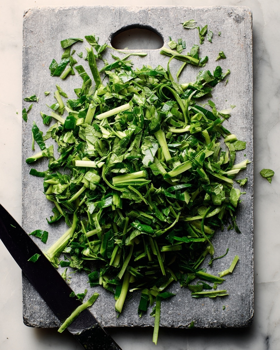 The image shows a pile of chopped green stems with small leaves scattered in an uneven heap on a gray chopping board. The stems are light green and have a slightly rough texture, while the leaves are darker green and smooth. The chopping board has a handle hole at the top and rough edges, and a black knife with a shiny blade sits partially visible at the bottom left corner. The background surface is white with a soft marbled texture. photo taken with an iphone --ar 4:5 --v 7