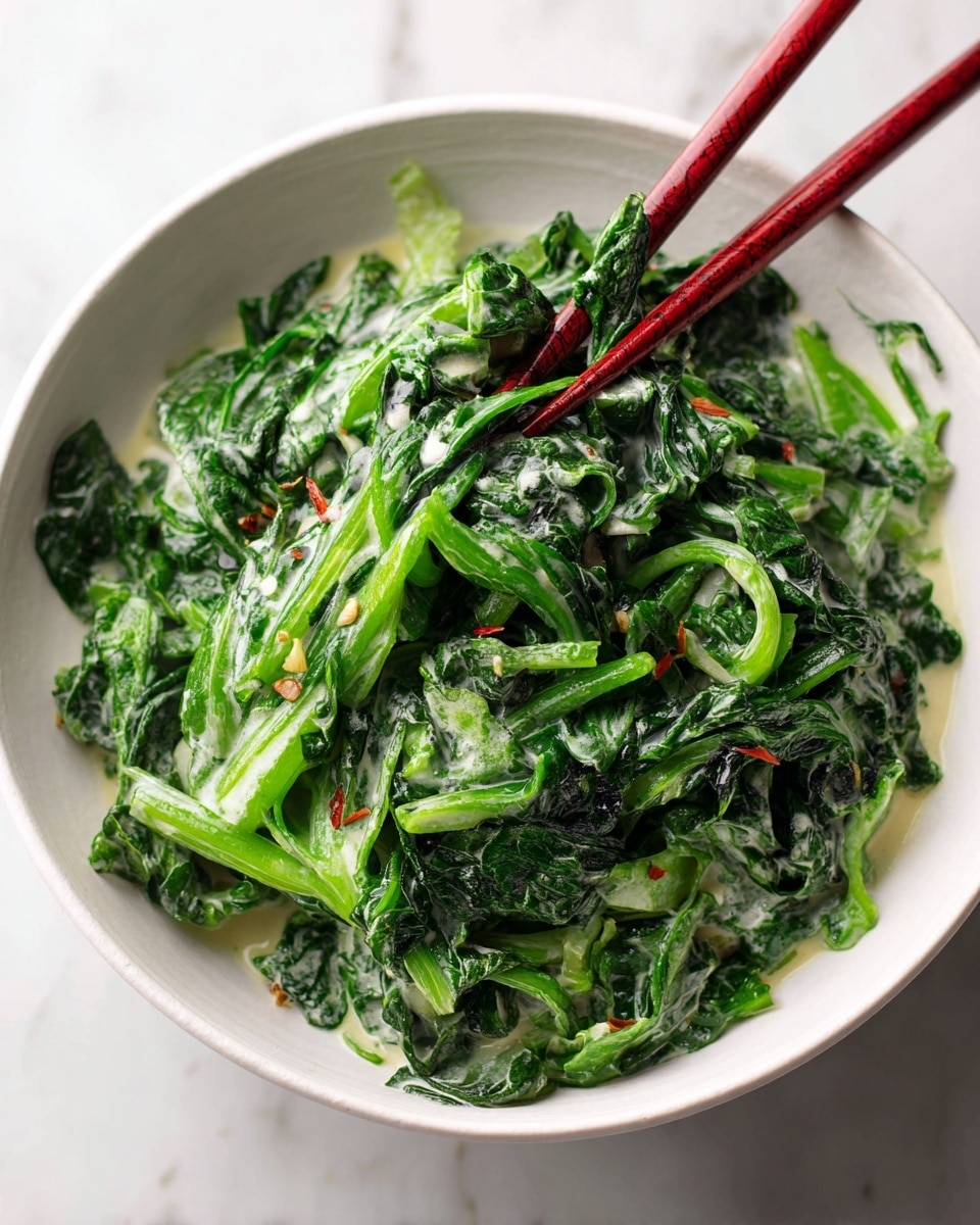 A white bowl filled with bright green, cooked leafy greens covered in a light, creamy sauce. A pair of red chopsticks is lifting some of the greens up from the bowl, showing the tender texture and sauce hanging from the leaves. The background is a white marbled surface, giving a clean look. Photo taken with an iphone --ar 4:5 --v 7